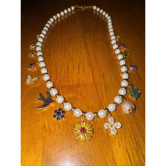 Necklace Gold Zirconia Loaded with Chunky Charms Bird Flower Leaf Beads, Pearls - Picture 5 of 9
